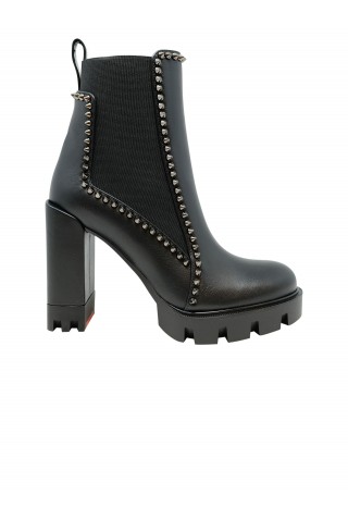 CHRISTIAN LOUBOUTIN 3220852 BK01 BLACK LEATHER OUT LINE SPIKE LUG ANKLE BOOTS